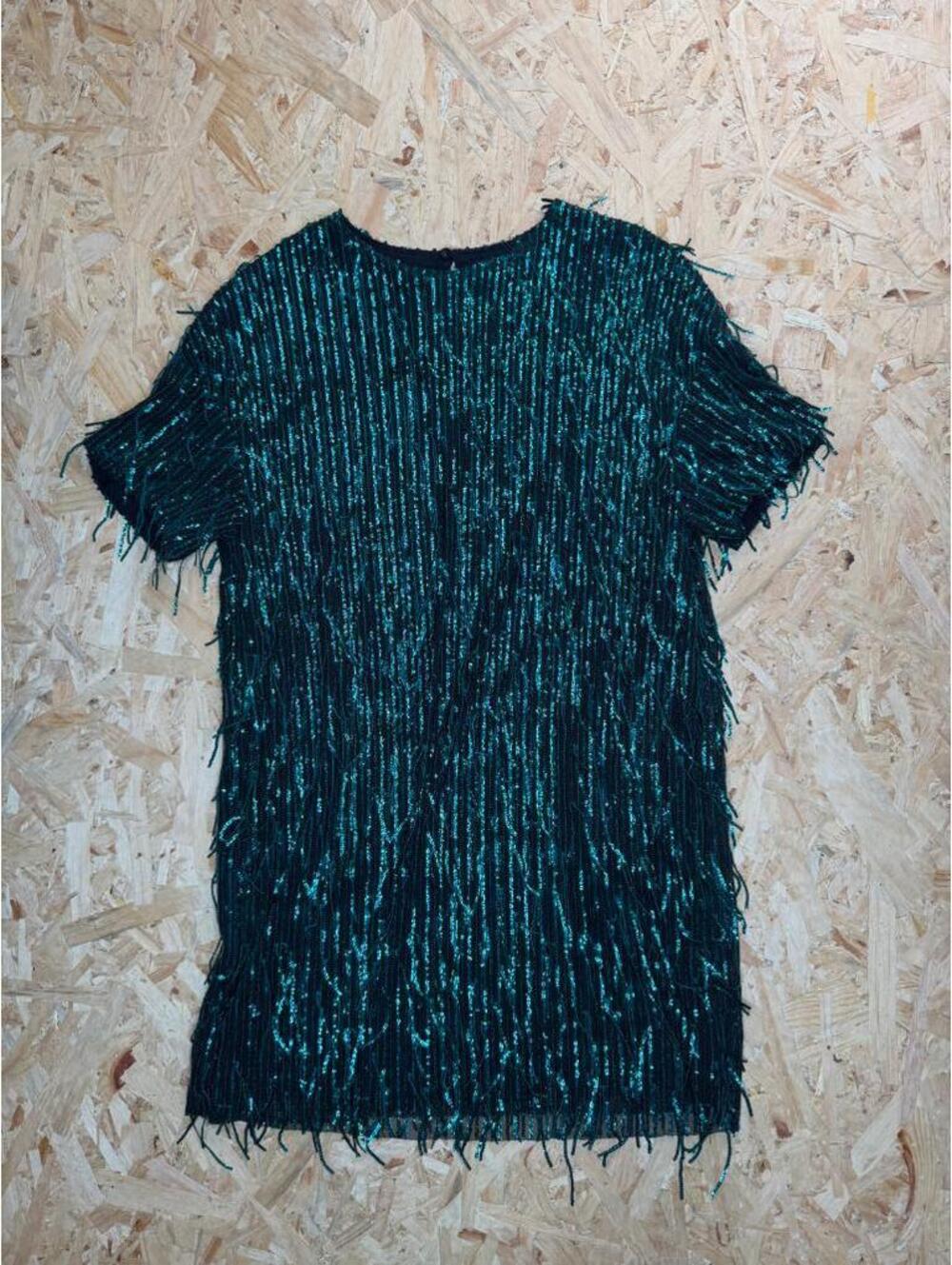 Zara Sequin Fringe Dress Womens Medium Green Black Sparkly Party Mini Short
